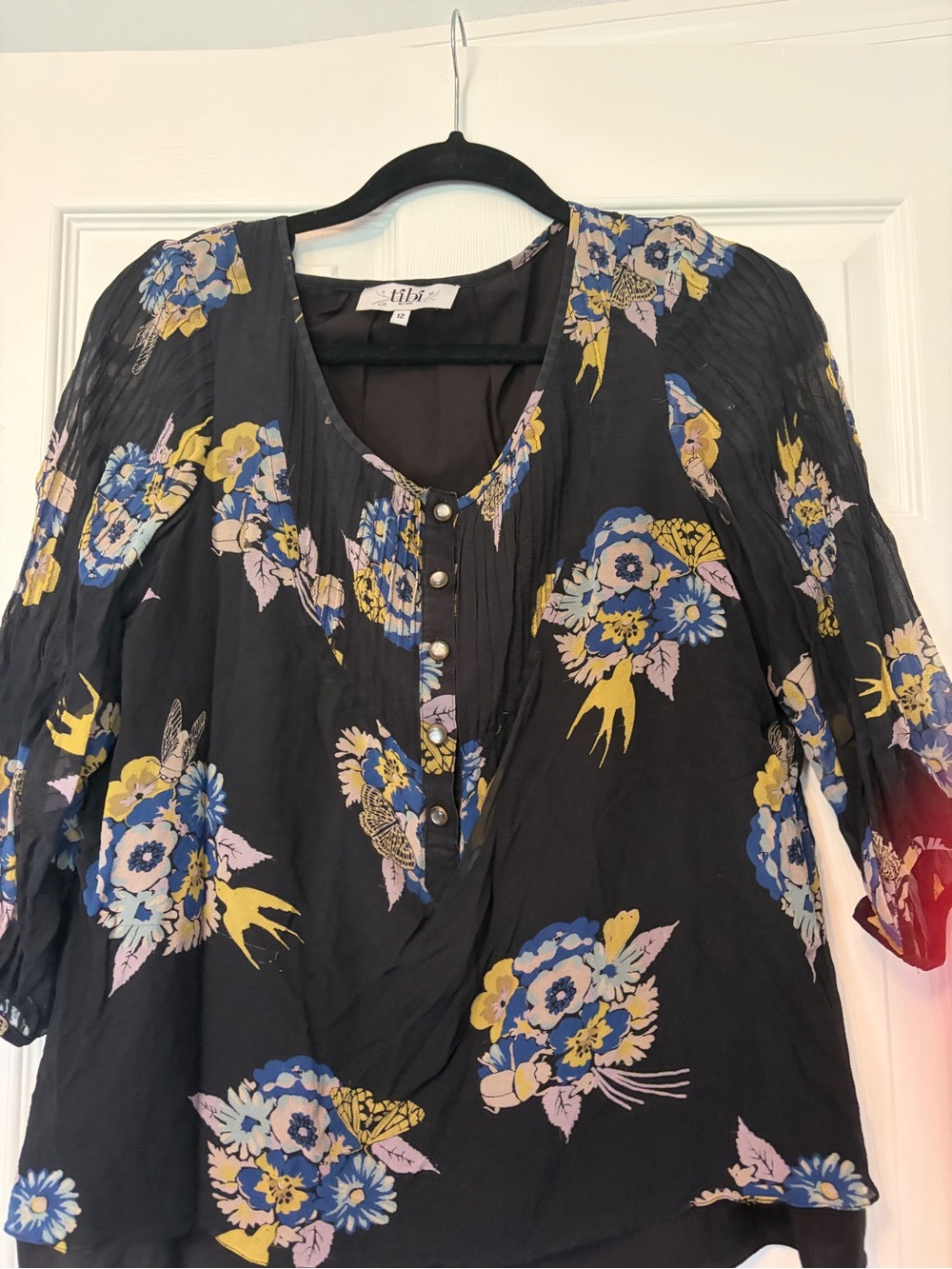 Tibi Black, Blue, Yellow Floral Button-Front Blouse with Size 12 100% Silk